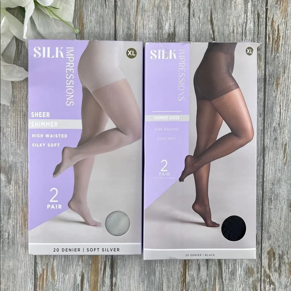 Silk Impressions Shimmer Sheer Pantyhose Stockings 20 Denier Sheer 2, 2-Packs XL